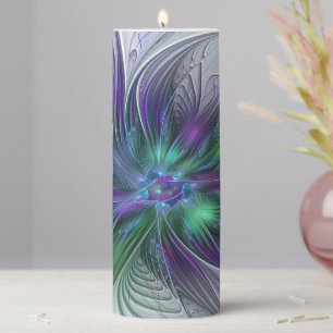Purple Green Flower Modern Abstract Art Fractal Pillar Candle
