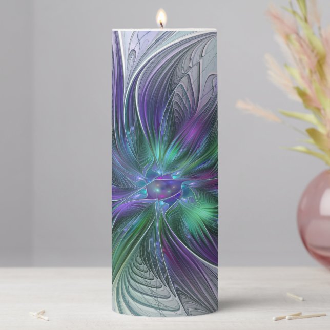 Purple Green Flower Modern Abstract Art Fractal Pillar Candle (In Situ)