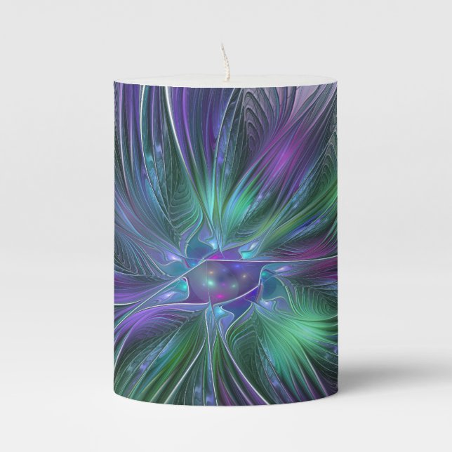 Purple Green Flower Modern Abstract Art Fractal Pillar Candle (Front)