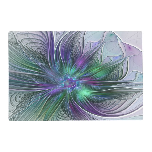 Purple Green Flower Modern Abstract Art Fractal Placemat (Front)