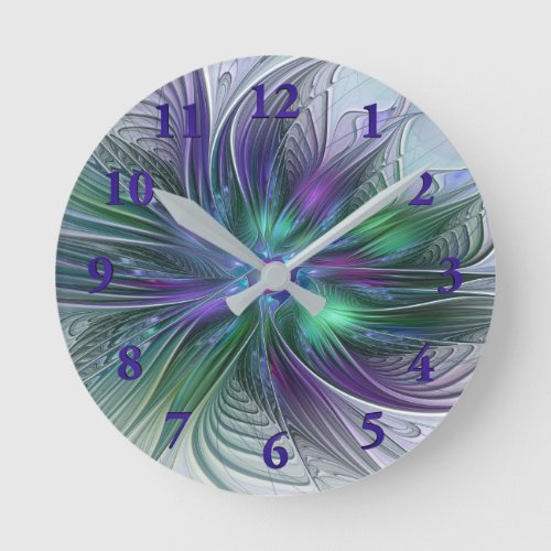 Purple Green Flower Modern Abstract Art Fractal Round Clock