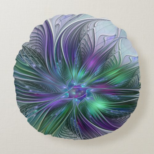 Purple Green Flower Modern Abstract Art Fractal Round Pillow