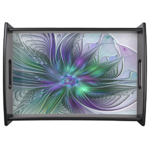 Purple Green Flower Modern Abstract Art Fractal Serving Tray
