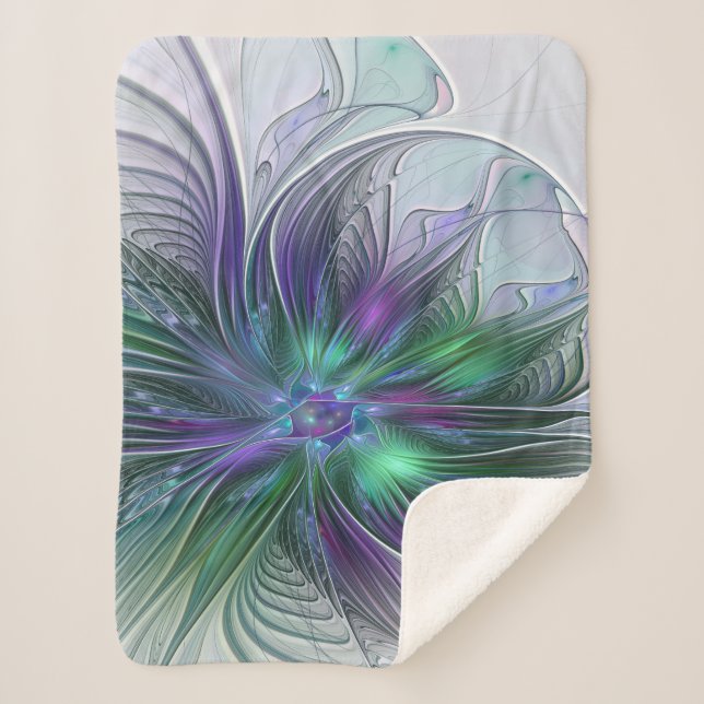 Purple Green Flower Modern Abstract Art Fractal Sherpa Blanket (Front)