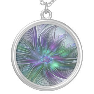 Purple Green Flower Modern Abstract Art Fractal Silver Plated Necklace