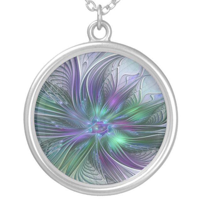 Purple Green Flower Modern Abstract Art Fractal Silver Plated Necklace (Front)