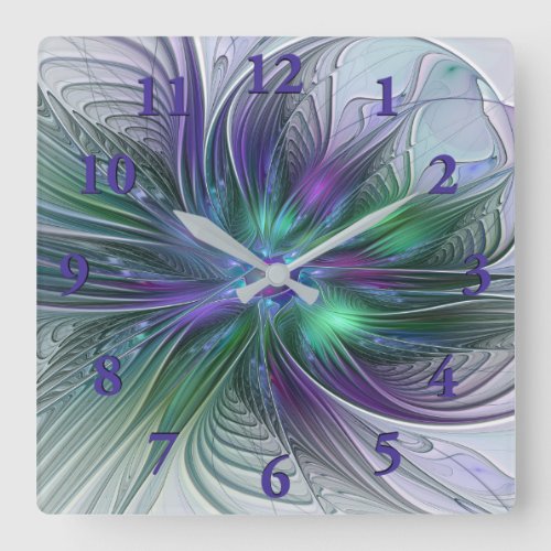 Purple Green Flower Modern Abstract Art Fractal Square Wall Clock