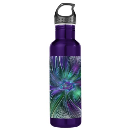 Purple Green Flower Modern Abstract Art Fractal Stainless Steel Water Bottle