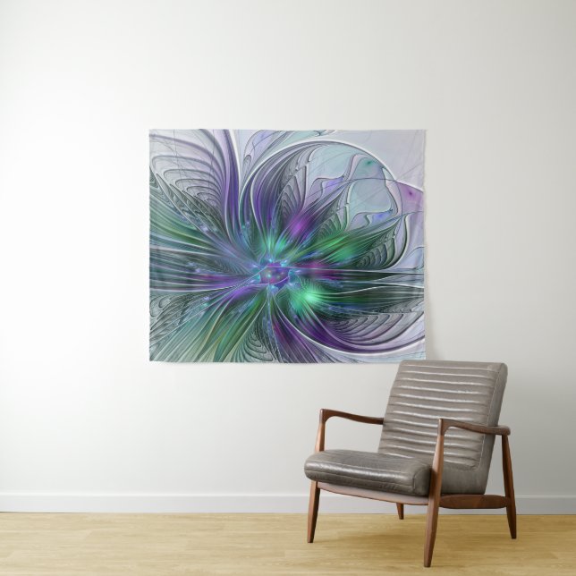 Purple Green Flower Modern Abstract Art Fractal Tapestry (In Situ (Horizontal))