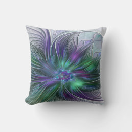 Purple Green Flower Modern Abstract Art Fractal Throw Pillow