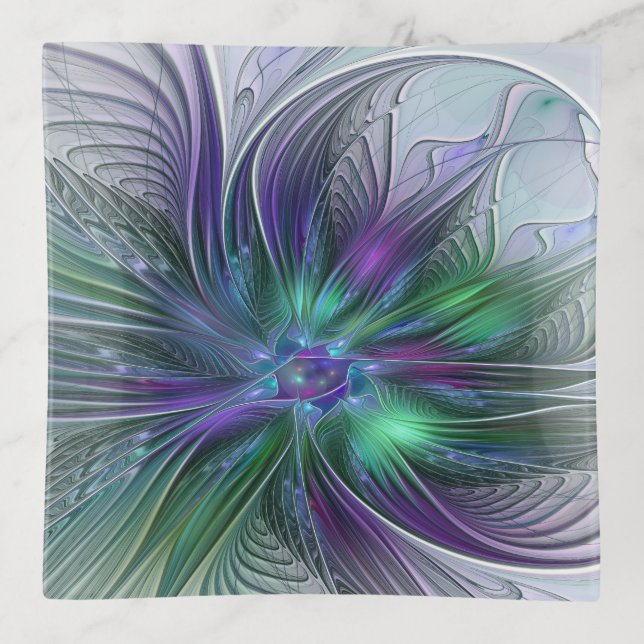Purple Green Flower Modern Abstract Art Fractal Trinket Tray (Front)