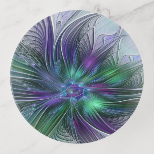 Purple Green Flower Modern Abstract Art Fractal Trinket Tray
