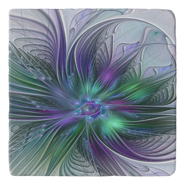 Purple Green Flower Modern Abstract Art Fractal Trivet (Front)