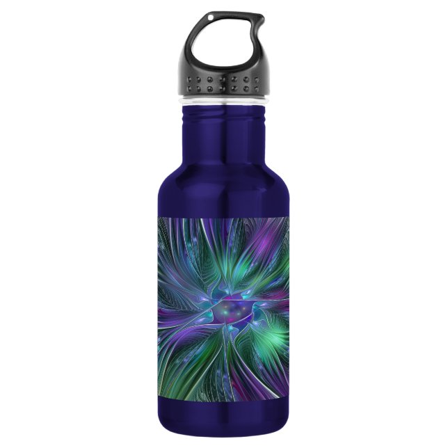 Purple Green Flower Modern Abstract Art Fractal Water Bottle (Front)
