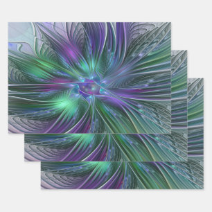 Purple Green Flower Modern Abstract Art Fractal Wrapping Paper Sheets