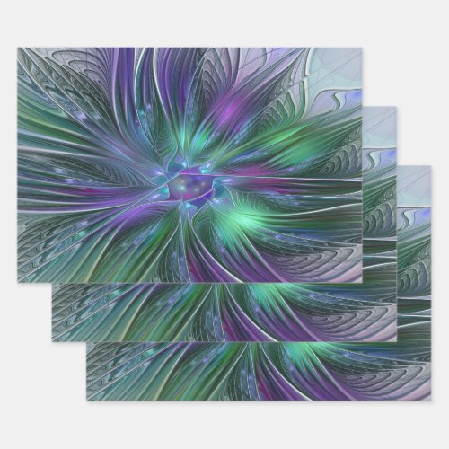 Purple Green Flower Modern Abstract Art Fractal Wrapping Paper Sheets