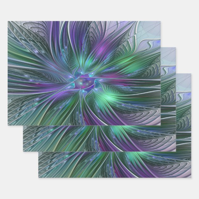 Purple Green Flower Modern Abstract Art Fractal Wrapping Paper Sheets (Set)