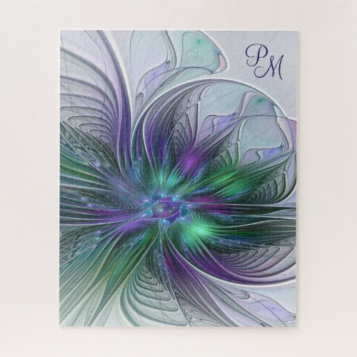 Purple Green Flower Modern Abstract Art Monogram Jigsaw Puzzle