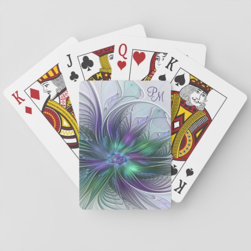 Purple Green Flower Modern Abstract Art Monogram Playing Cards