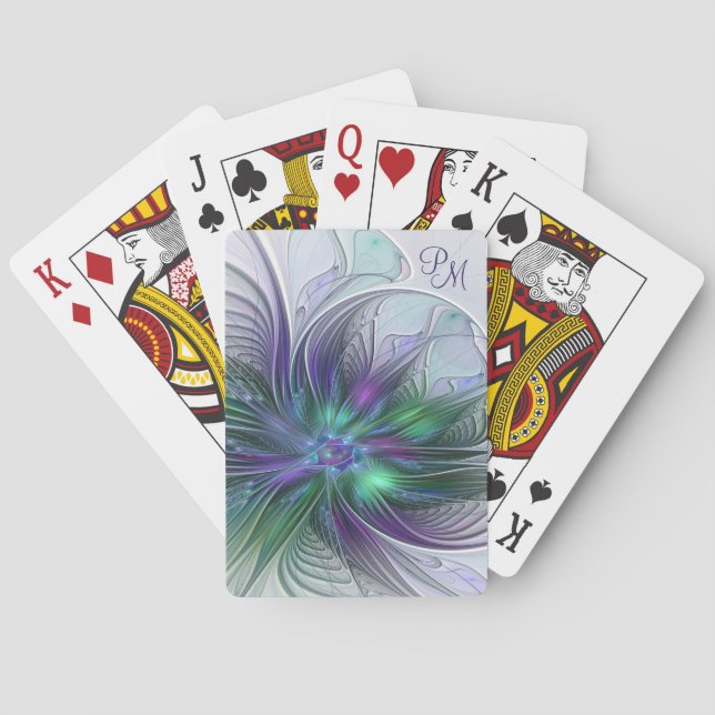 Purple Green Flower Modern Abstract Art Monogram Poker Cards (Back)