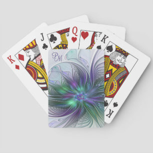 Purple Green Flower Modern Abstract Art Monogram Poker Cards
