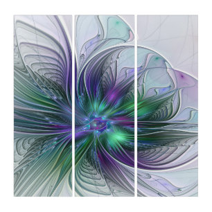 Purple Green Flower Modern Abstract Art Triptych
