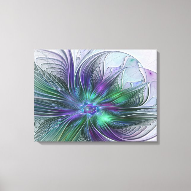 Purple Green Flower Modern Abstract Art Triptych Canvas Print (Front)