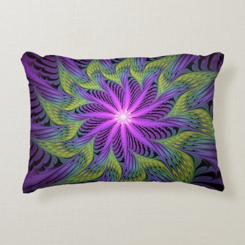 Purple Green Flower Modern Abstract Fractal Art Accent Pillow