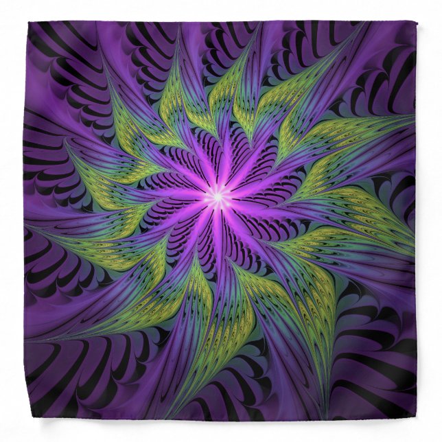 Purple Green Flower Modern Abstract Fractal Art Bandana (Front)