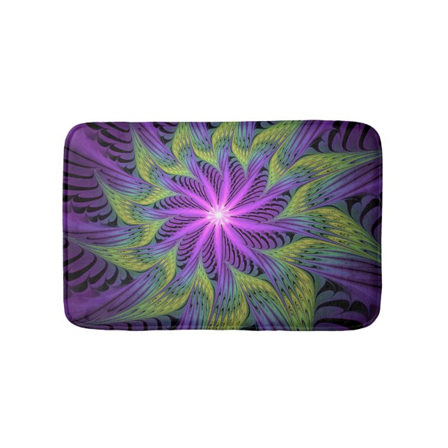 Purple Green Flower Modern Abstract Fractal Art Bath Mat (Front)