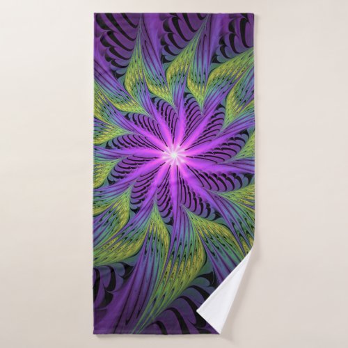 Purple Green Flower Modern Abstract Fractal Art Bath Towel