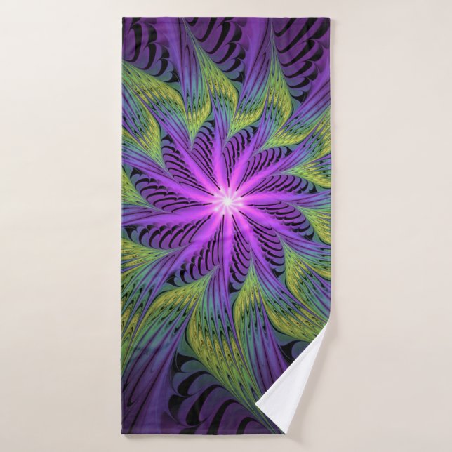 Purple Green Flower Modern Abstract Fractal Art Bath Towel (Bath Towel)