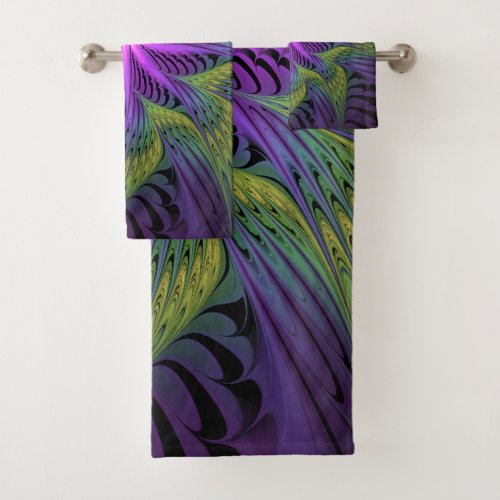 Purple Green Flower Modern Abstract Fractal Art Bath Towel Set