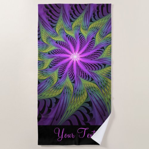 Purple Green Flower Modern Abstract Fractal Art Beach Towel