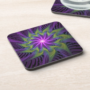 Purple Green Flower Modern Abstract Fractal Art Beverage Coaster