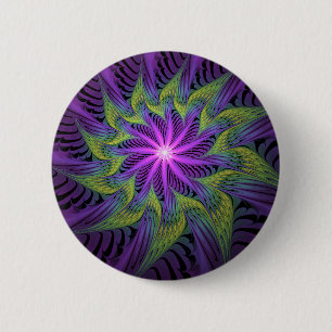 Purple Green Flower Modern Abstract Fractal Art Button