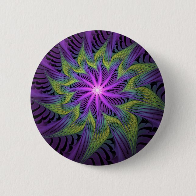 Purple Green Flower Modern Abstract Fractal Art Button (Front)