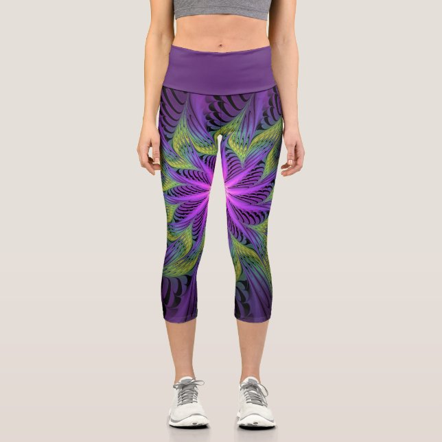 Purple Green Flower Modern Abstract Fractal Art Capri Leggings (Front)