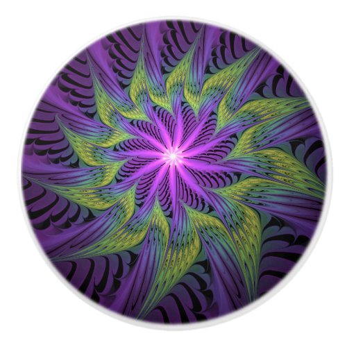 Purple Green Flower Modern Abstract Fractal Art Ceramic Knob