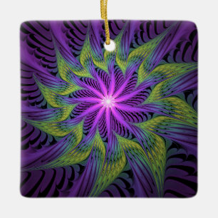 Purple Green Flower Modern Abstract Fractal Art Ceramic Ornament