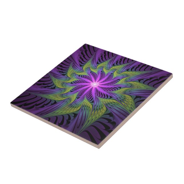 Purple Green Flower Modern Abstract Fractal Art Ceramic Tile (Side)