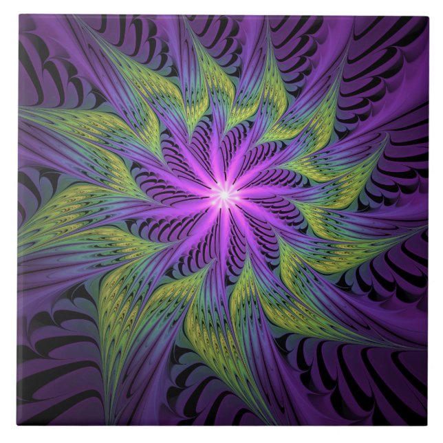 Purple Green Flower Modern Abstract Fractal Art Ceramic Tile (Front)