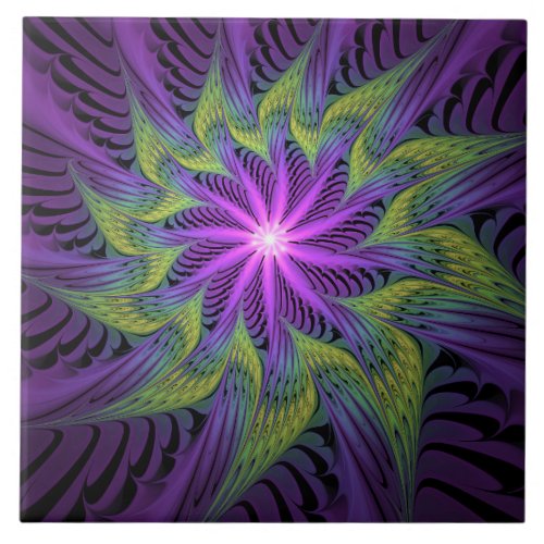 Purple Green Flower Modern Abstract Fractal Art Ceramic Tile