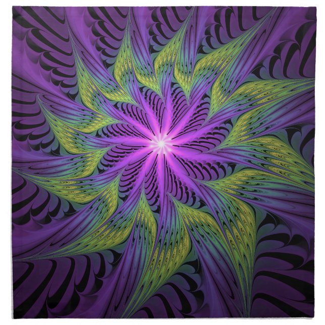 Purple Green Flower Modern Abstract Fractal Art Cloth Napkin (Front)