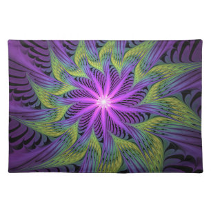 Purple Green Flower Modern Abstract Fractal Art Cloth Placemat