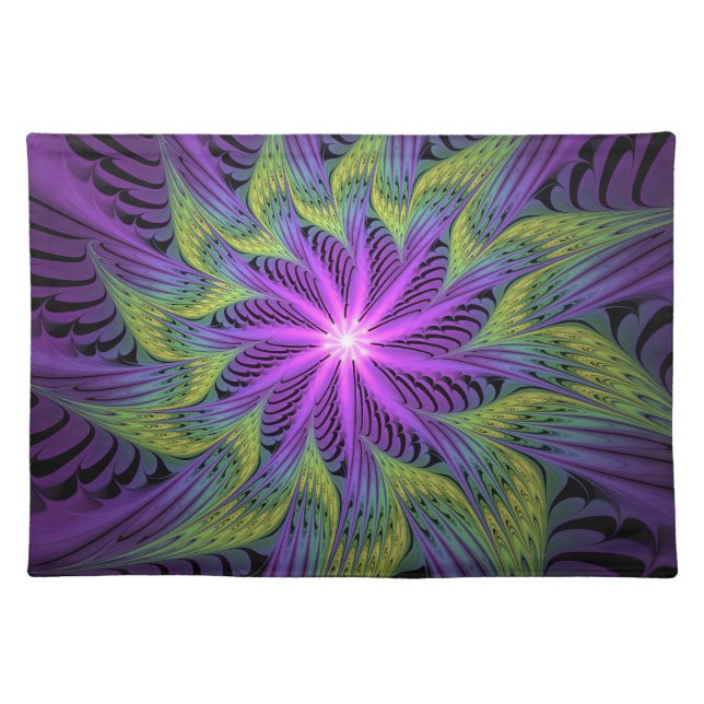 Purple Green Flower Modern Abstract Fractal Art Cloth Placemat (Front)