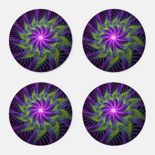 Purple Green Flower Modern Abstract Fractal Art Coaster Set