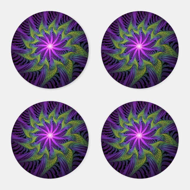 Purple Green Flower Modern Abstract Fractal Art Coaster Set (Set)