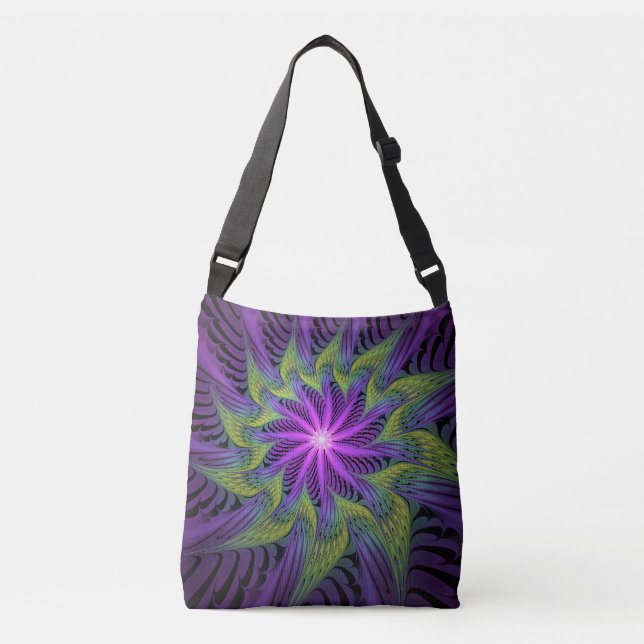 Purple Green Flower Modern Abstract Fractal Art Crossbody Bag (Front)