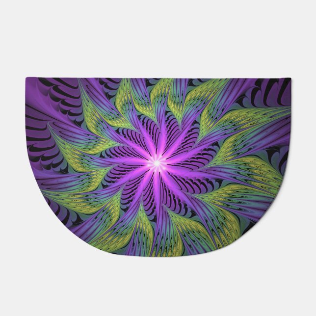 Purple Green Flower Modern Abstract Fractal Art Doormat (Front)